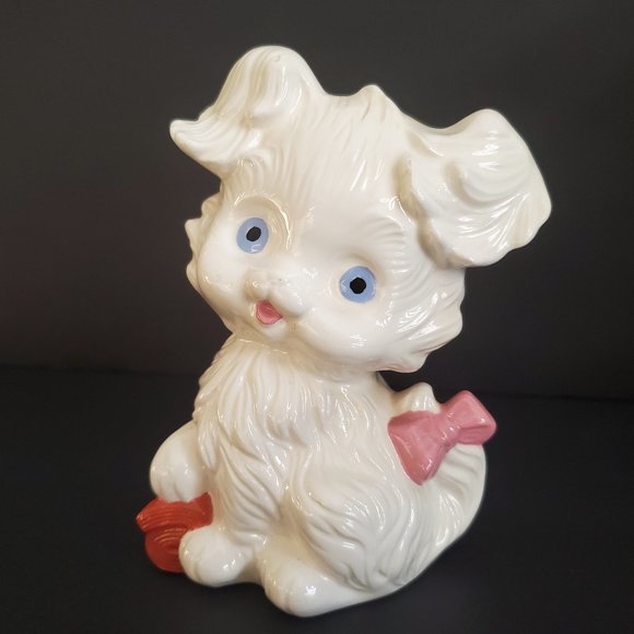 Cute Kitschy Puppy Figurine Vintage Signed 70s Ceramic White Blue Eyes Pink Bow - Picture 2 of 8